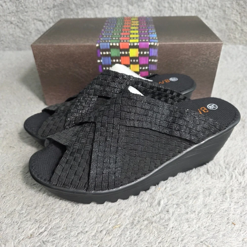 Bernie Mev Black‎ Metallic Woven Wedge Slide On Sandals Women EU 39 US 8 NEW